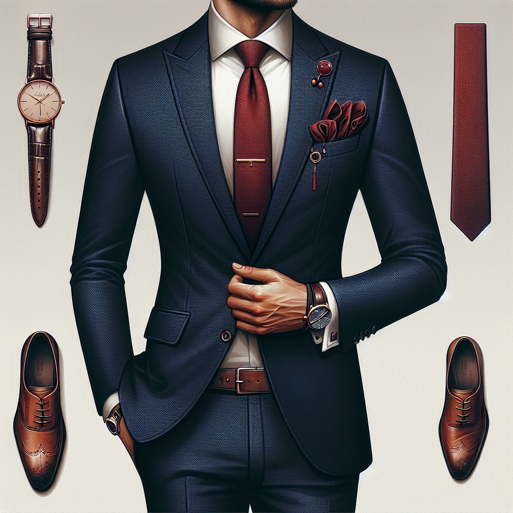 Create a detailed and striking image of a South Asian man dressed in stylish wedding guest attire suitable for an October event. His fashion-forward ensemble includes a bold navy blue slim-fit suit paired with a sleek, deep red tie. A pocket square in a contrasting pattern peeks out from his jacket's breast pocket, adding charm and character. He's wearing refined leather oxford shoes in a rich brown tone that echos the changing leaves of October. His hair is neatly combed back showcasing a pair of elegant cufflinks and a classic wristwatch that completes his sophisticated look.