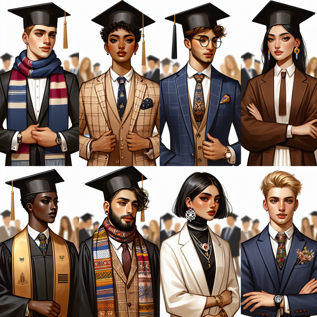 Visualize a variety of graduation outfits styled for success. Portray an inclusive and diverse group of graduates with differing descents and genders, showcasing their graduation gowns embellished uniquely, thus reflecting their individual style. Include a Caucasian female wearing a trendy scarf, a Hispanic male with a classy tie, a Black female with a modern graduation cap design, a Middle-Eastern male with unique footwear, a South Asian female with ornamental earrings, and a white male with a stylish watch. Provide a glimpse of a graduation ceremony in the background, with emphasis on the graduates' fashion choices.