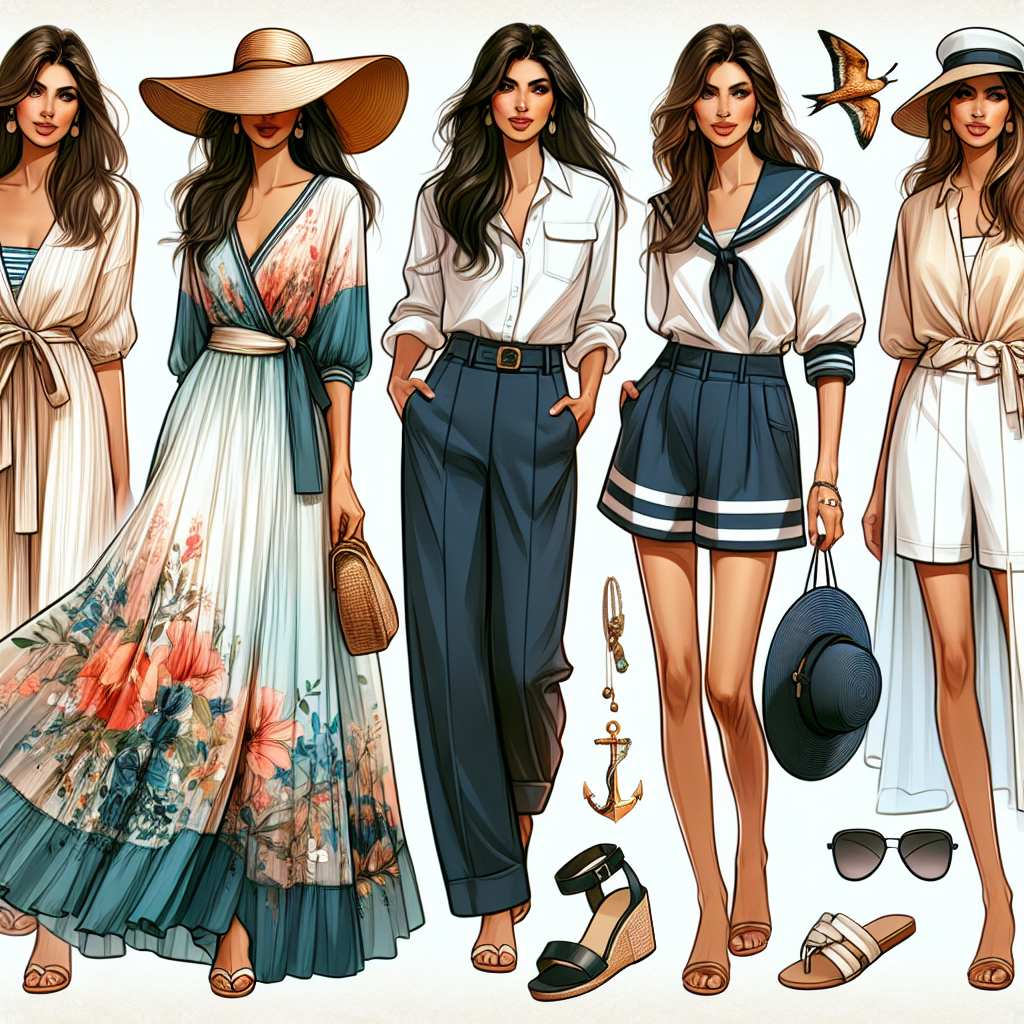 A collection of stylish cruise outfits for women, embodying effortless elegance and comfort. The assortment includes a fluid maxi dress with a vibrant floral pattern worn by a South Asian woman, a chic sailor-inspired ensemble featuring a crisp white blouse and navy shorts displayed by a Hispanic woman, and a casual yet sophisticated loungewear set in gentle pastels modelled by a Caucasian woman. Additionally, let there be a variety of wide-brimmed sun hats, oversized sunglasses, light shawls, elegant sandals, and tasteful jewelry to complement the looks.