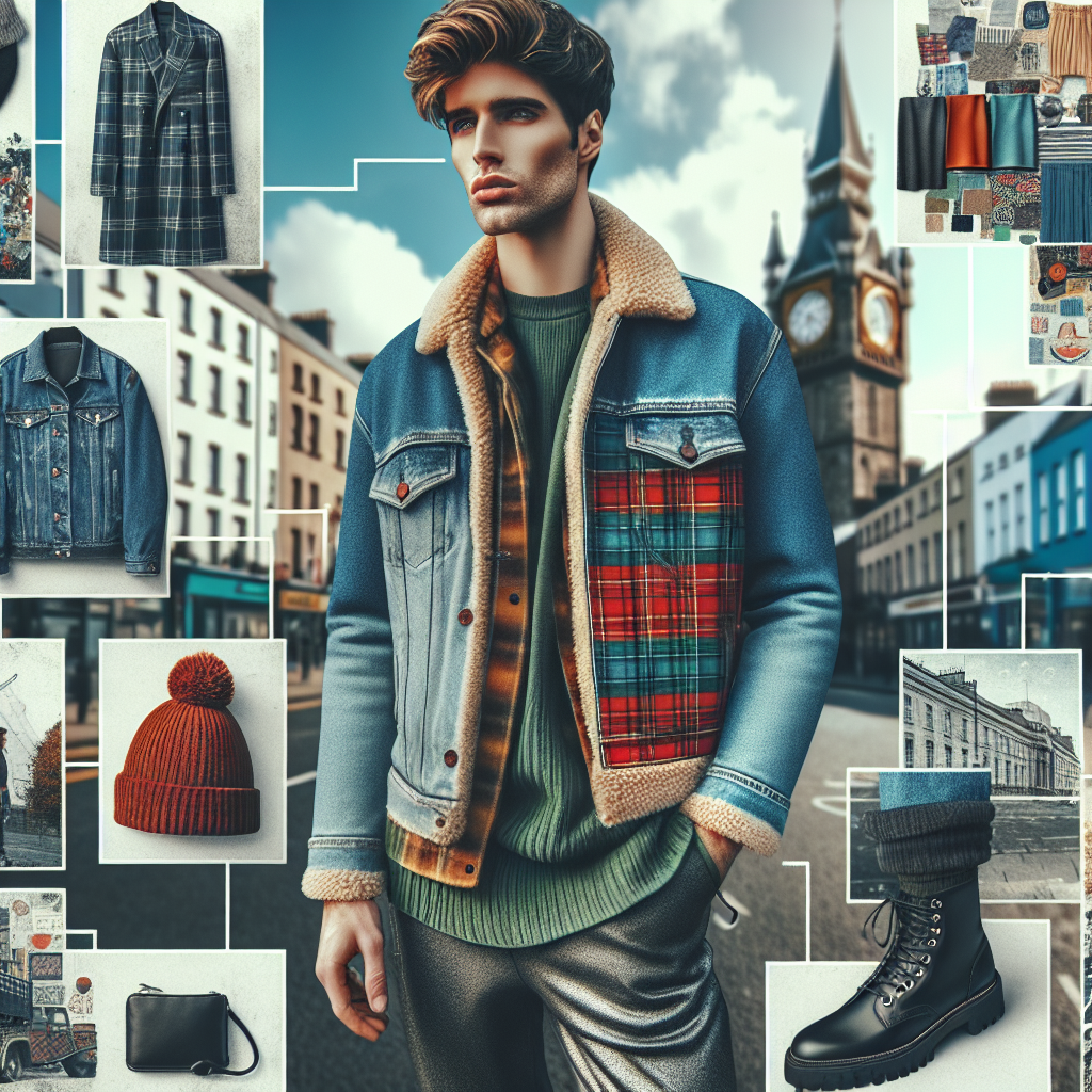 Conceptualize a richly colourful image that focuses on popular styles in Ireland. Picture a confident, fashion-forward individual in city surroundings, perhaps with iconic Irish landmarks in the background. The person is Caucasian, styling their cool, rugged denim jacket with a trendy outfit. This could include layered clothing to deal with Ireland's notoriously diverse weather. Imagine the denim jacket standing out, maybe having patches or tartan accents for an Irish touch. The person could have an array of accessories like chunky boots, woolly hats, or leather gloves, grounding the whole look into Ireland's urban fashion scene.