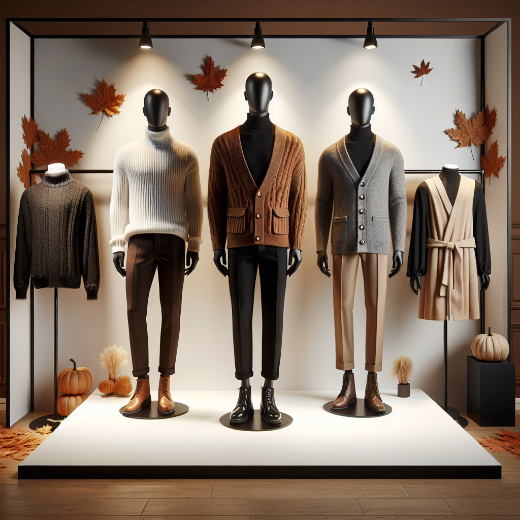 Visualize a fall-themed fashion showroom. It should display must-have styles for under dress shirts catering to different genders and descents. On the mannequin to the left, display a white, Hispanic male wearing a stylish woolen vest in earthy tones. On the mannequin in the center, imagine a black, female model wearing a sleek black turtleneck. The mannequin on the right should showcase a South Asian male wearing a button-up cardigan in deep fall colors. Each outfit should complement a dress shirt, suitable for a cozy autumn day.