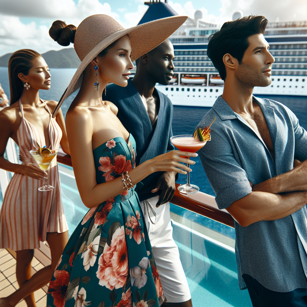 Envision multiple people by a luxury cruise ship pool, each adorned in dazzling, classy attire suitable for a lavish poolside environment. A Caucasian woman dressed in a vibrant floral sundress paired with a wide-brimmed sunhat looks out towards the endless ocean. A Black man is clad in a stylish blue linen shirt and white shorts, cocktail in hand. A couple, a South Asian woman in a chic one-piece swimsuit and a French twist hairstyle, and a Middle-Eastern man sporting a trendy tropical shirt with khakis, are both engaged in a lively conversation. Add a touch of glamor with accessories like oversized sunglasses and statement jewelry.