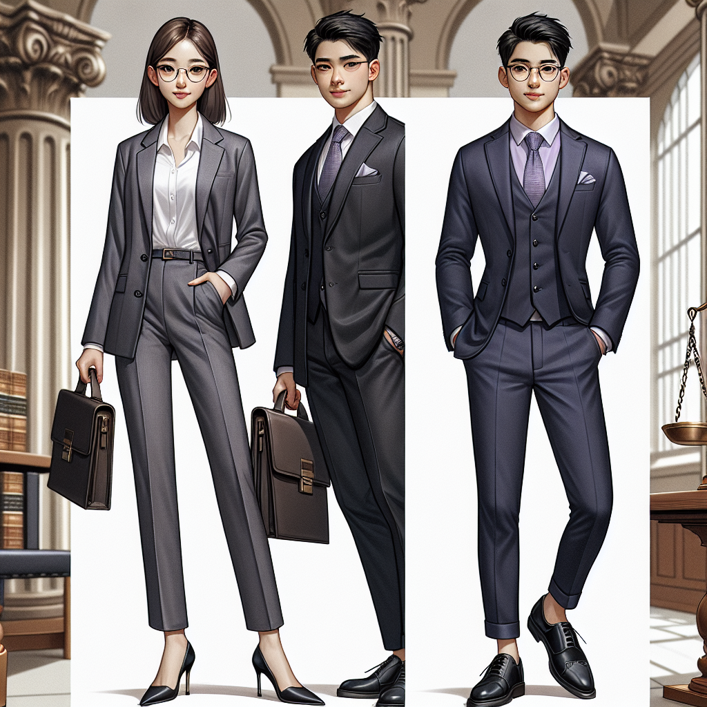 An image illustrating a guide on what to wear to court. Picture this: an Asian woman in her early thirties, smartly dressed in a charcoal grey power suit with well-fitted pants, a crisp white shirt, and black heels. She's holding a leather briefcase in one hand and a stylish pair of glasses in the other. Alongside her, a Middle Eastern man around the same age, wearing a tailored navy blue suit, a lavender dress shirt, a harmoniously matching tie, and black Oxford shoes. He has a confident yet cultured expression. Showcase them in a grand, legal setting with columns and scales of justice in the background.