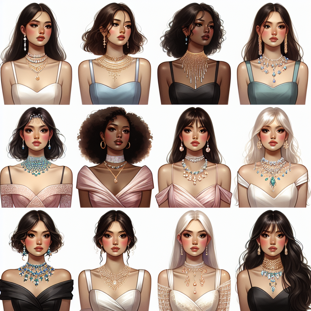 A visually detailed summary of stunning necklaces that best complement square neck dresses. Imagine a diverse set of women, with a variety of descents such as Hispanic, Caucasian, Black, Middle-Eastern, and South Asian, each wearing a square neck dress. They each have a beautiful, intricate necklace that enhances the cut of their dresses. Some necklaces sparkle under a soft light, while others have beads or pearls that accentuate their necklines. Use pastel colors and focus on the intricate details of their jewelry as well as the elegant cut of their square neck dresses. The background should be a minimalist white to highlight the dresses and necklaces.