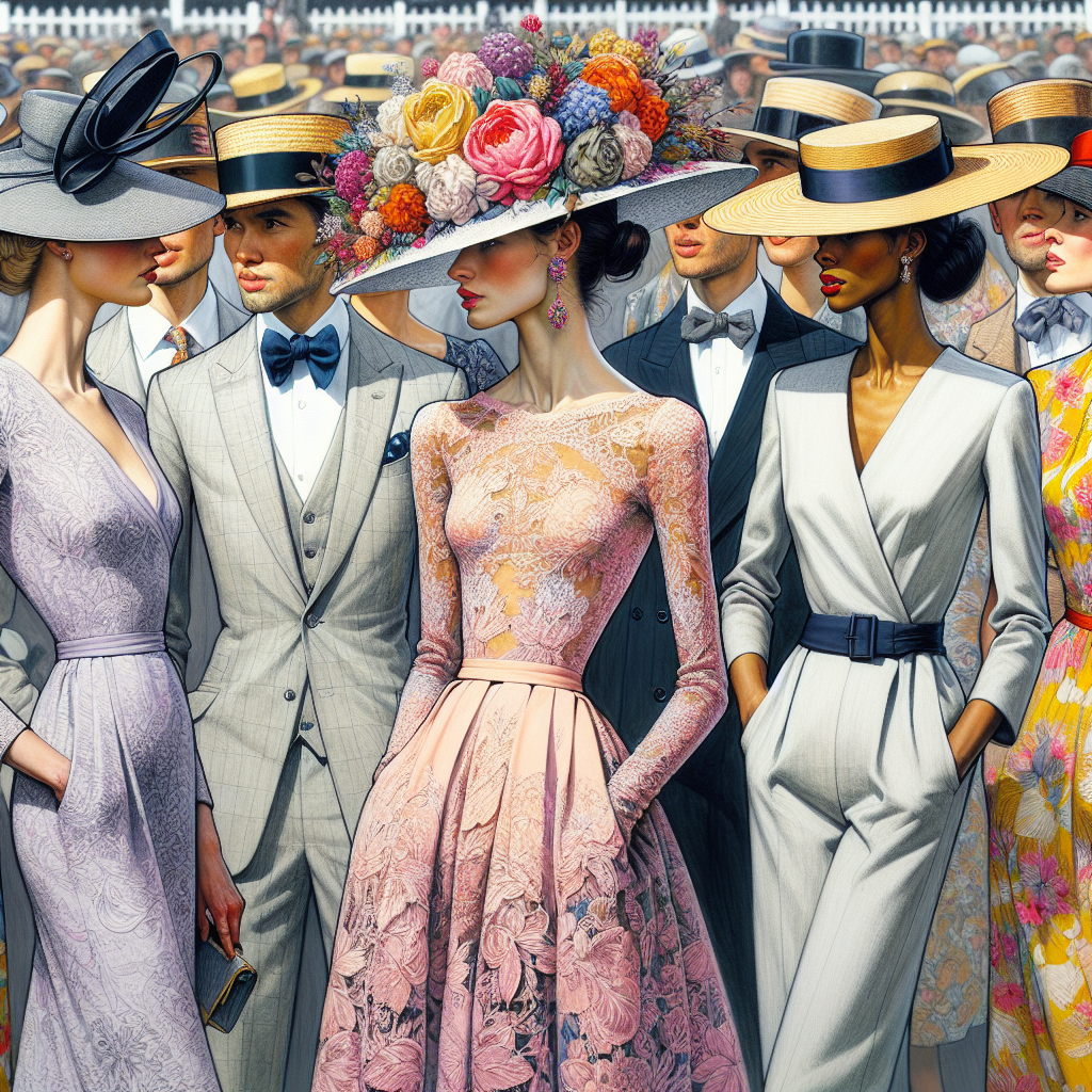 A detailed depiction of an outdoor event captures a group of people, each donned in stunning Derby outfits. The first person, a Caucasian woman, wears a hefty, well-structured hat with a broad brim, embellished with a riot of colorful flowers. Her dress is a knee-length, intricate lace design in pastel pink. The second person, an Asian man, has a fitted linen suit in light grey, a navy bowtie, and a straw boater hat. The third person, an African descent woman, flaunts a bold, floral print jumpsuit with an exaggerated sunhat trimmed with a wide, black ribbon. A vague crowd is in the background, each showcasing unique styles representative of Derby fashion.