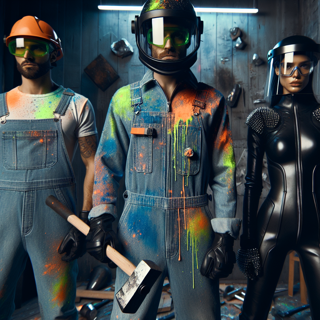 Visualize a scene showing three individuals in a 'Rage Room’. The first person is a Middle Eastern man donning safety goggles, flame-resistant gloves, and a sturdy denim boiler suit, splashed with vibrant neon paint. The second person is a Caucasian woman clad in metallic leather overalls, a matching helmet with visor, and steel-toed boots. The third individual is a Black woman dressed in a sleek body protection suit, grunge leather gloves, and a clear face shield. They all wield sledgehammers, ready to vent their frustrations on objects around them in the room.