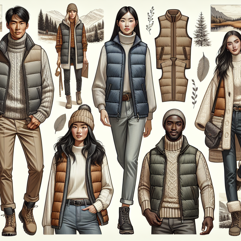 Visualize a fashion-oriented image showcasing a variety of trendy styles for both genders complementing a puffer vest. The styles should cater to a number of different environments, weather conditions, and scenarios. There should be an Asian woman in a lively urban setting combining the puffer vest with a well-fitted turtle-neck and high-waist jeans. A Black gentleman on a hike, wearing the vest over a plaid shirt as well as a set of sturdy boots. A Middle-Eastern woman in a cozy café environment, coupling the vest with a soft cashmere scarf. And lastly, a Caucasian male in a snowy setting, sporting the vest with a beanie and winter gloves.