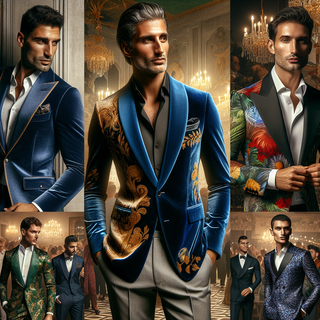 A fashion montage of men wearing different types of stunning blazers ready for a party. In the center of the montage, a Middle-Eastern man dons a stylish velvet blazer in night sky blue. To his right, a Caucasian man is seen with a slim-fit blazer in elegant charcoal grey. To his left, a South Asian man sports a vibrant print blazer, standing out amidst a crowd. Each man's outfit is tastefully complemented with matching accessories and attire. The background is a lively party scene with tasteful decor and cheerful guests.