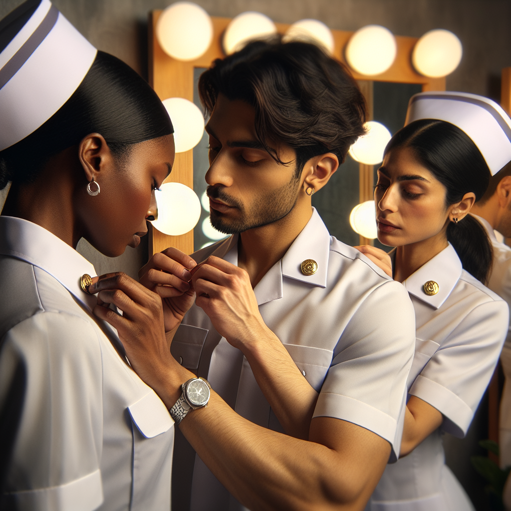 Create an image that captures a diverse group of nursing students preparing for their pinning ceremony. Show a South Asian male nurse adjusting a silver pin onto the collar of his white uniform, a black female nurse checking her reflection in a mirror as she straightens her crisp cap, and a Middle Eastern female nurse carefully positioning her golden pin on her uniform. Include details like the glint of the pins, the pride in their postures, and the anticipation in their expressions. Background could consist of a dressing room adorned with soft lighting enhancing the overall serene mood of the scenario.