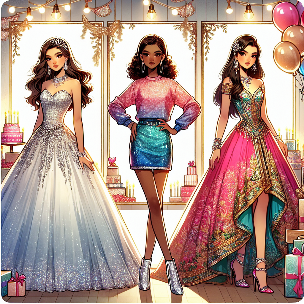 Visualize a display of various beautiful and fashionable Sweet 16 outfits. On the left, showcase a long flowing gown, intricately adorned with diamonds, worn by a Hispanic teenage girl. In the centre, feature a Black teenager in a glitzy mini dress coupled with shiny high heels. Towards the right, portray a South Asian teenager in a vibrant, traditional attire, paired with exquisite jewelry. The background should embody the essence of youthful celebration with decorations like balloons and party banners, creating a perfect ambience for the grand occasion of a Sweet 16 party.