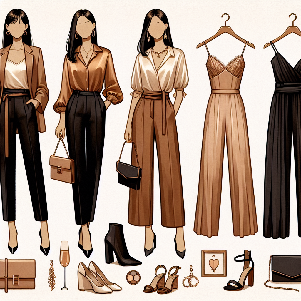 Create a collage image illustrating must-have outfits for a friend's graduation event. The first ensemble is that of an Asian woman wearing a chic pant suit with a silk blouse. The second attire is a classy dress displayed on a hanger, ideal for a Hispanic woman to wear, paired with tasteful accessories like a clutch purse and high-heeled shoes. The final outfit is a trendy jumpsuit suited for a Middle Eastern woman, combined with a statement necklace and wedged sandals. All outfits are sleek, stylish, and stunning, perfectly designed for a graduation ceremony.