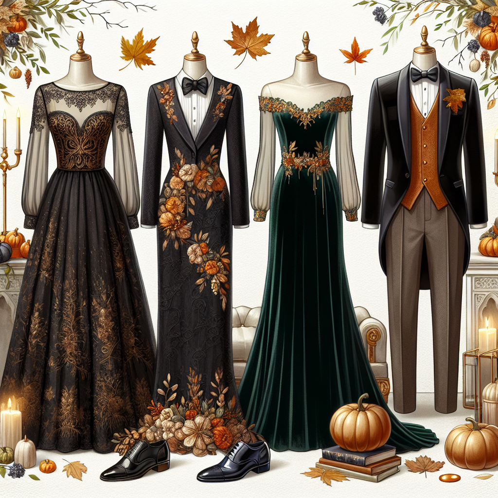 Create a composite image showing a variety of formal outfit ideas for October weddings. These should include a chic, heavy lace long dress decorated with autumnal colors for a Caucasian woman, a classic black two-piece suit with a unique pumpkin-colored bow tie for a Hispanic man, a velvet dark green gown with gold embroidery for a black woman, and a traditional grey three-piece suit with an orange pocket square for a Middle-Eastern man. Surround these outfits with tasteful decorations featuring fall leaves, pumpkins, and warm candlelight to capture the essence of October.