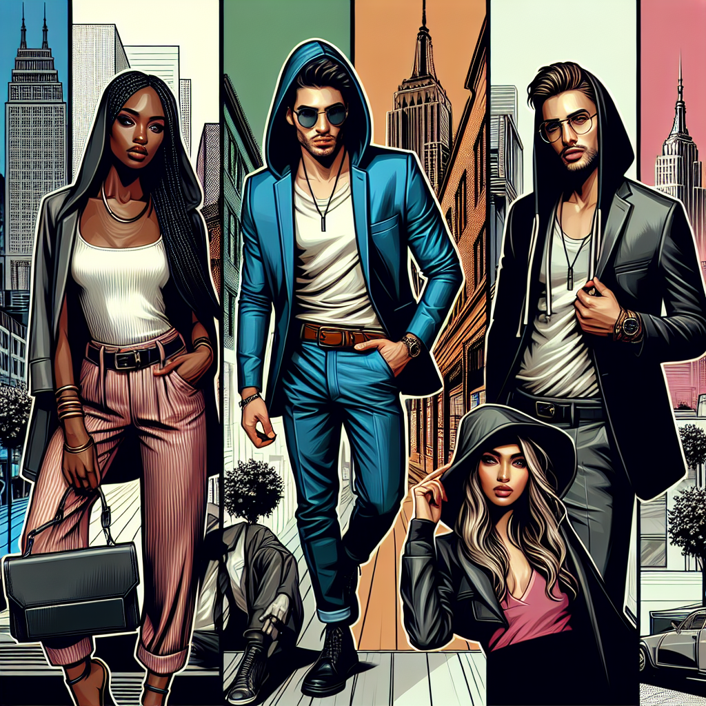 Depict a fashion-inspired scene showcasing must-have styles for hoodie and blazer combinations. The scene should include four diverse individuals: a black woman, a Hispanic man, a Middle-Eastern man, and a South Asian woman. They all should be stylishly attired in distinct hoodie and blazer combos, emphasizing the versatility and chic allure of these wardrobe pieces. The setting is a modern urban landscape, with their outfits contrasting beautifully against the city's architectural lines. Creative, colorful backdrops and a mix of textures can help amplify the modern vibe of the outfits.