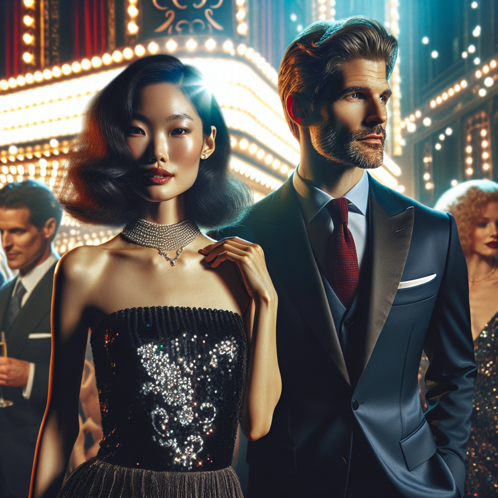Imagine the most dazzling scenes at a high-end New York Broadway show's opening night. In the foreground, we see an East Asian woman in a sequin black cocktail dress complimented by a chic pearl necklace. Next to her, there is a Caucasian man, donning a tailored navy-blue suit with a bold red tie. In the background, hints of other theater-goers in elegant attires fill the scene, the vibrant lights of the theater marquee illuminating them. The atmosphere is effervescent and sophisticated, reflecting the grandeur and allure of Broadway's timeless style.