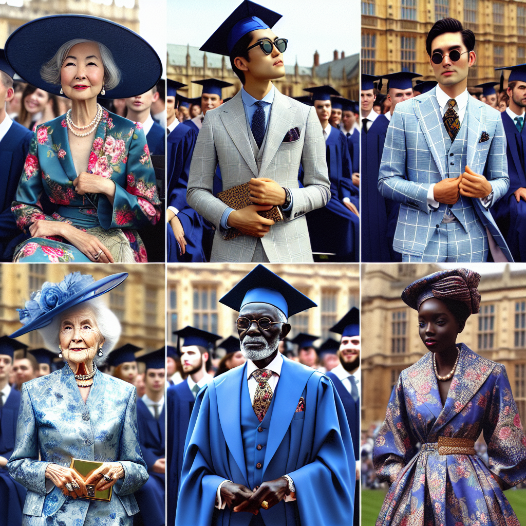 A collage showing graduation guests in stunning and eye-catching outfits. The first panel should show a middle-aged Asian woman in a floral dress with a matching hat, clutching a pair of sunglasses. The second panel should depict a Hispanic man in a sharp light grey suit, blue shirt and patterned tie. The third should display a Caucasian elderly woman in a royal blue two-piece suit ensemble, carrying a gold clutch. The final panel reveals a Black man wearing a traditional African attire. The background for each panel is a graduation ceremony. Each image should radiate a celebratory and joyful vibe.