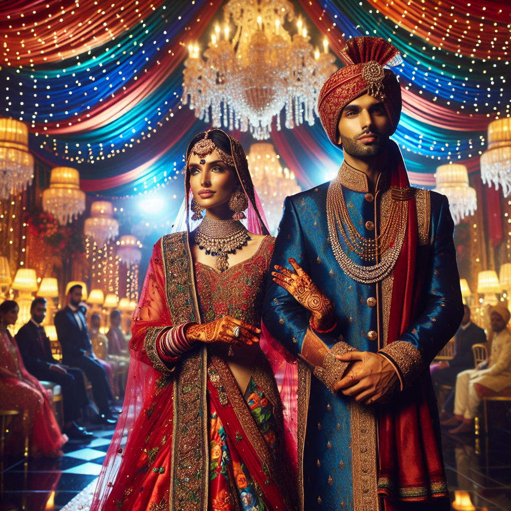 A luxuriously adorned venue filled with colorful drapes and lit with sparkling chandeliers. In the center, a South Asian woman gracefully attired in a vibrant red and gold sari, her neck adorned with intricate gold jewelry and hands decorated with henna artistry. Beside her, a South Asian man looking regal in a deep blue sherwani embroidered with golden thread, carrying a traditional turban on his head. They hold hands, their joyous expressions reflecting the magnificence of their Indian wedding ceremony.