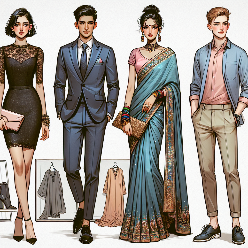 Depict a series of fashionable and chic outfits suitable for an elegant soirée. The first outfit involves a sophisticated short black dress for a Middle-Eastern woman, paired with a sleek clutch purse and high heels. The second outfit is for a Hispanic man, featuring a crisp navy blue tailored suit with a pastel-color pocket square, and black oxford shoes. The third outfit showcases a South Asian woman donning an ornate sari in jewel-tones with coordinating bangles and a beaded clutch. The final outfit lays out relaxed but dapper attire for a White man, including a neatly-pressed khaki trousers, pastel shirt and loafers.