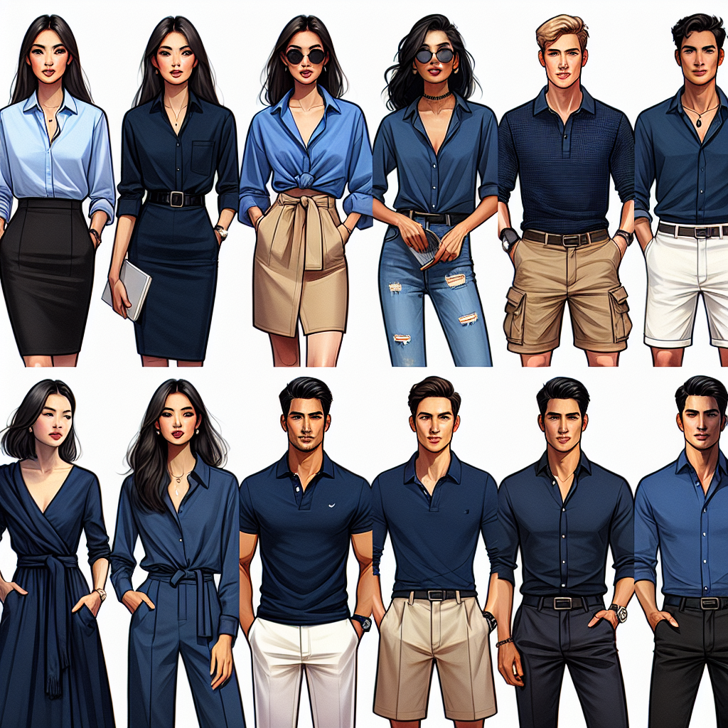 A fashion collage showcasing a variety of outfits with naval blue tops as their centerpiece. Each outfit represents unique styles and occasions. Scene 1: A career-oriented woman of South Asian descent in a naval blue blouse and pencil skirt. Scene 2: A laid-back African descent woman in a navy t-shirt and ripped jeans. Scene 3: A casual middle-eastern man sporting a navy polo shirt paired with khaki shorts. Scene 4: A white woman in a semi-formal setting with a navy silk blouse and palazzo pants. Scene 5: A Hispanic man showing a smart-casual look with a navy button-down shirt and tailored pants.