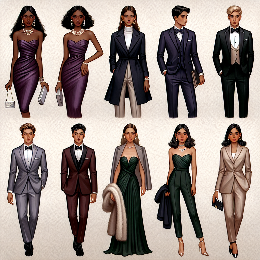 Design a fashion collage displaying a variety of stunning outfits appropriate for a white coat ceremony. The collage should include items suitable for different genders and descents. Show a Black woman dressed in an elegant purple sheath dress paired with pearl earrings and a silver clutch. Next, depict a Caucasian man in a sophisticated navy blue suit with a red tie and black leather shoes. Showcase a Hispanic woman in a classy emerald green jumpsuit complemented with gold hoop earrings and nude heels. Lastly, portray a South Asian man in a sleek grey tuxedo with a black bow tie and patent shoes.