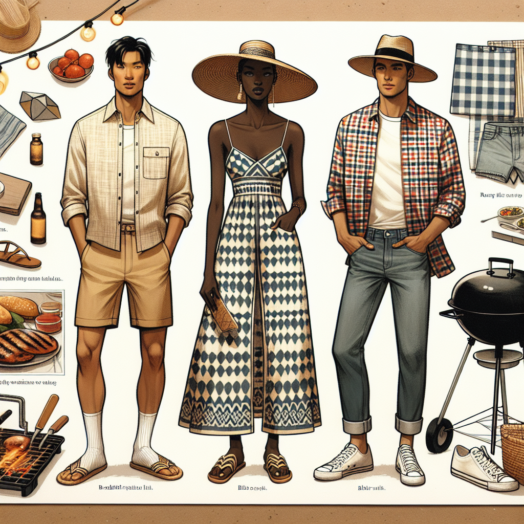 Imagine a topical spread for a fashion magazine, detailing 'Must-Have Outfits for Effortless Cookout Style'. An array of three casual yet stylish outfits are presented side by side. On the left, an Asian man in a breathable linen shirt, khaki shorts, and straw hat. In the center, a Black woman dons a geometric print sundress with a wide-brimmed hat. On the right, a Caucasian man is wearing a lightweight plaid shirt, denim shorts, and sneakers. Elements of a cookout like a grill, picnic table with food, and string lights in the background, add context to the scene.