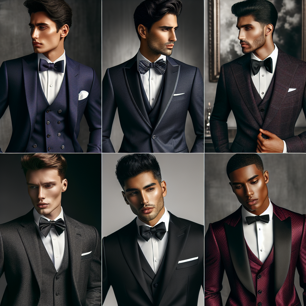 Imagine an array of stunning suit styles ideal for weddings. The first is a classic three-piece suit worn by a Middle-Eastern man, impeccably tailored and in a deep navy hue. The second, a dashing tuxedo, graces a Hispanic man, complete with a perfect bow tie. Third is an Asian man in a charcoal grey, double-breasted suit. The other two show an African-American man in a vibrant burgundy dinner jacket and a Caucasian man donning a sleek black suit with a skinny tie. All the individuals exude effortless elegance, ready to attend a wedding.