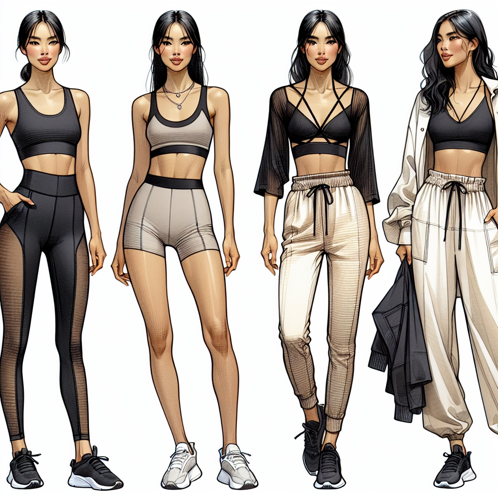 A detailed fashion illustration showing a montage of four must-have outfits for Pilates. The first outfit consists of amonochrome black, flexible, and breathable yoga pants and a fitting tank top on an East Asian woman. The second outfit presents a pair of light-hued shorts and a strappy sports bra, worn by a Hispanic woman. The third reveals a neutral-toned, form-fitting jumpsuit on a Middle-Eastern woman. The last ensemble is a loose, drawstring jogger with a chic crop top on a Black woman. Each outfit is styled and effortless, encapsulating the essence of stylish workout wear.