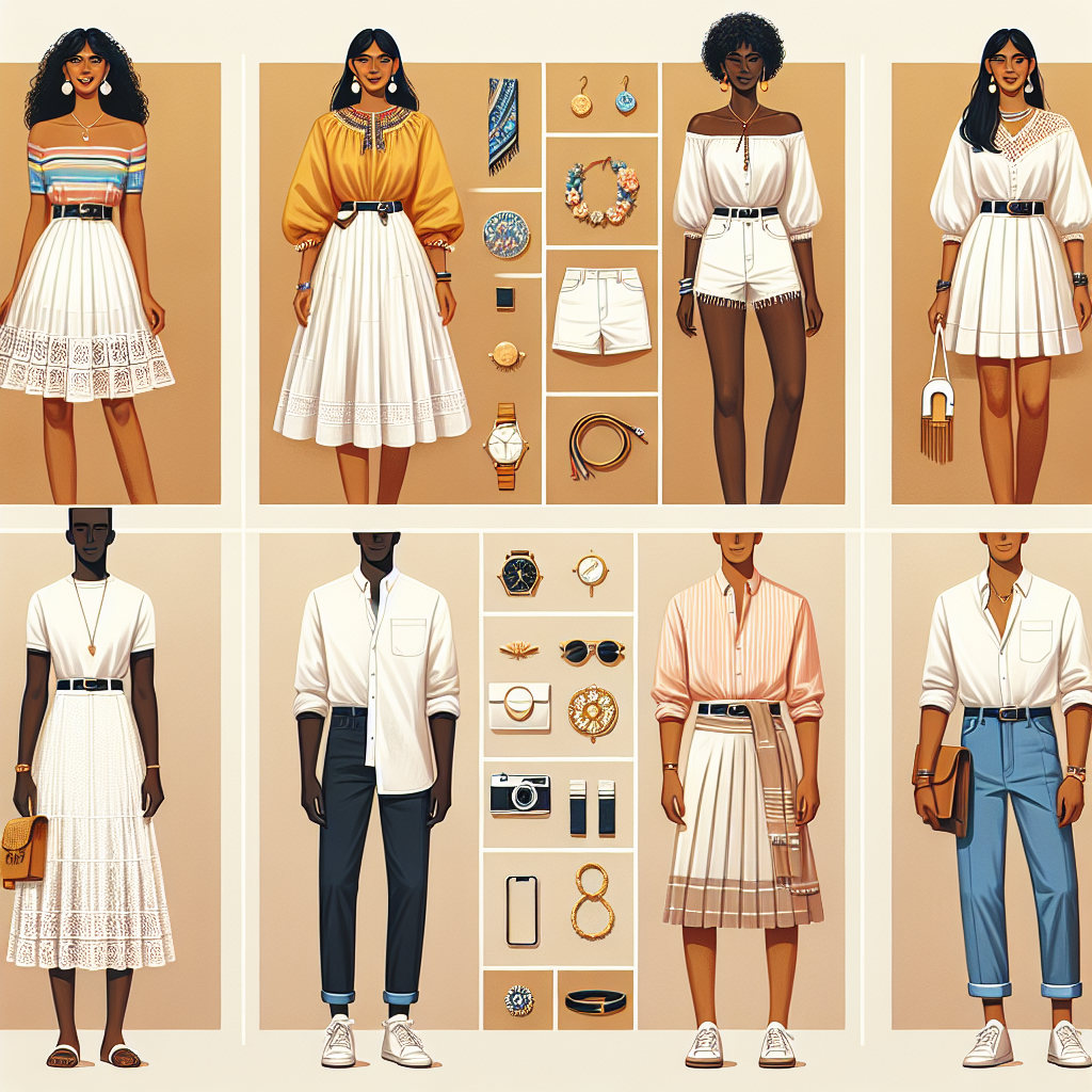 Create a visual guide showcasing various stunning outfits best paired with white skirts. Exhibit a diverse ensemble featuring a Hispanic woman wearing a white skirt with a colorful blouse tucked in, a Middle-Eastern man in a white skirt paired with a trendy shirt, a Black woman rocking a white skirt with a classic black top, and a Caucasian man in a stylish white skirt matched with a pastel button-down shirt. Provide an array of accessories complementing each look such as belts, scarves, jewelry, and footwear.