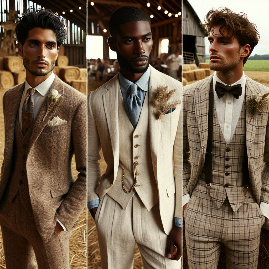 Render a variety of stylish men's attire suited for a rustic barn wedding. Imagine three men each showcasing a different style. The first man is Hispanic and wears a tweed suit, showing a touch of vintage spirit. Next is a Black man in a beige linen suit, epitomizing casual elegance. Lastly, a South Asian man is in a checked suit, exemplifying the mix and match style. Each outfit should consist of carefully chosen accessories such as brooches, boutonnieres, or suspenders as well. The backdrop is a scenic barn with hay bales and string lights.