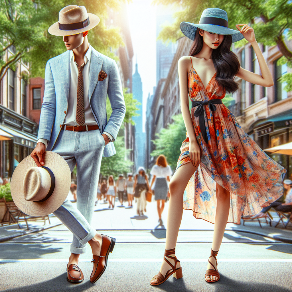 Let's imagine an alluring summer scene with two fashion-forward individuals demonstrating how to style a Fedora hat. The first individual, a Middle-Eastern male, is wearing a light-blue linen suit, a crisp white shirt underneath, brown leather loafers, and a straw Fedora hat with a black ribbon. The second individual, an Asian female, pairs her Fedora with a vibrant, floral summer dress reaching just above her knees, and strappy, flat sandals. The background is a sunlit, bustling city street lined with lush green trees, enhancing the summer vibe.