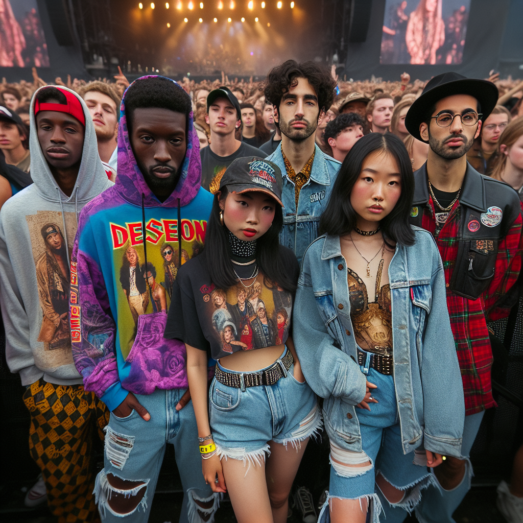View of a crowd of concertgoers, focusing on five individuals. The first person, a Black male, has a pullover hoodie with bold graphic designs. Beside him is a South Asian woman wearing a denim jacket layered over a band t-shirt. Next is a Hispanic man in a colorful baseball cap and vintage athletic wear. The fourth person, a Caucasian woman, sports a trendy oversized flannel shirt and high-waisted shorts. Lastly, a Middle-Eastern man, sporting a black leather jacket with ripped jeans. There are small glimpses of the stage with a colorful light show in the background.