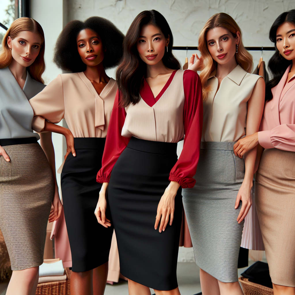 An inclusive fashion showcase featuring diverse women posing in coordinated outfits with pencil skirts. Showcase a Hispanic woman wearing a black, high-waisted pencil skirt with a red tucked-in blouse, a black, South Asian woman in a beige pencil skirt paired with a pastel pink shirt, and a white woman modeling a gray pencil skirt worn together with a matching blazer. All looking confident and stylish, set in an art-deco styled retail store with clothing racks and accessories around.