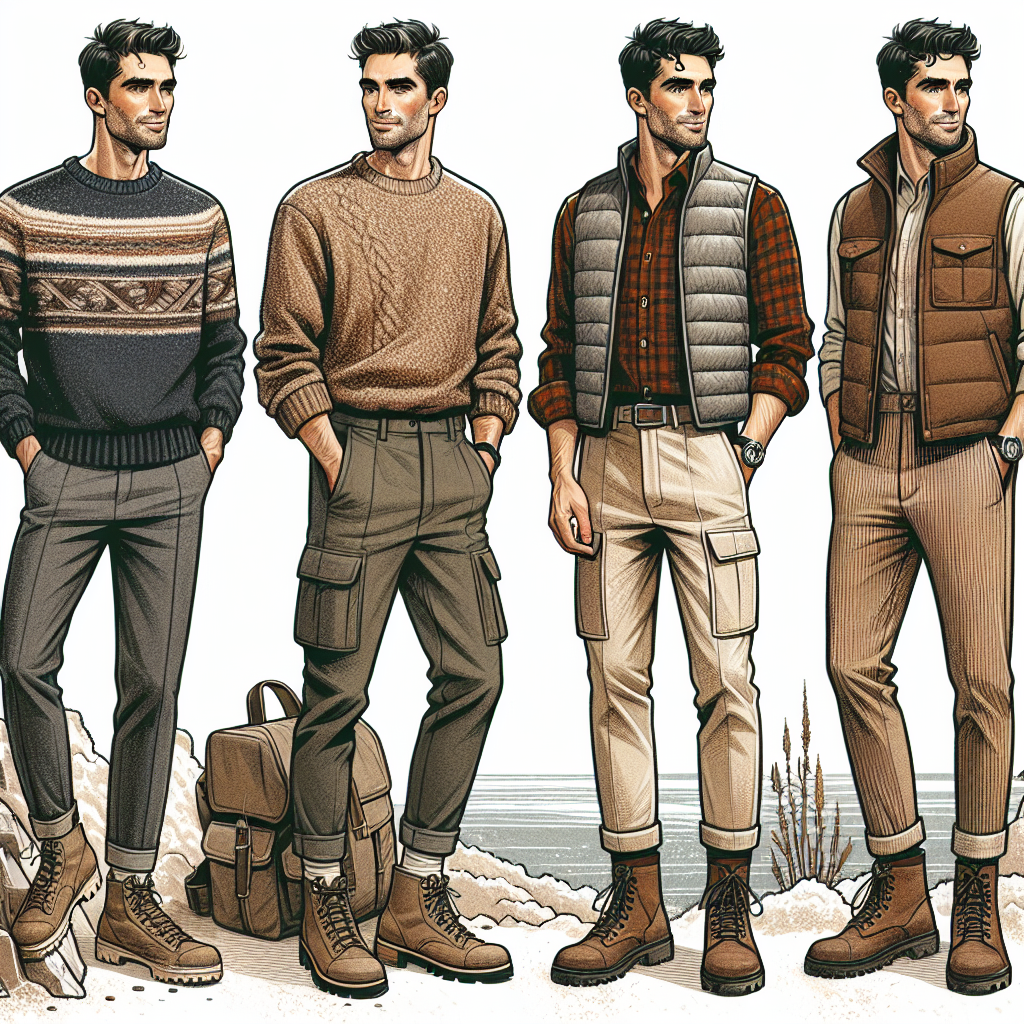 A series of detailed illustrations showcasing fashionable outfits for men going on a date in a salt cave. The first image should present a casual Caucasian man wearing a comfortable layered ensemble with a cozy knitted sweater, trendy jeans, and sturdy boots perfect for the rough terrain. The second image features a stylish Hispanic man dressed in a rugged yet chic outfit with a warm flannel shirt, cargo trousers, and hiking shoes. The third illustration should depict a smartly dressed Black man in a refined outdoor vest, corduroy pants, and casual leather shoes, all suited for the unique atmosphere of a salt cave date.