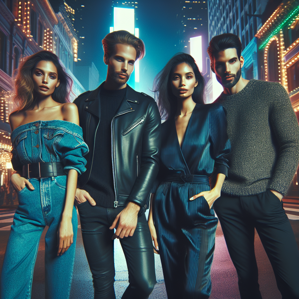 Visualize a lively casual night out scenario downtown with friends. The image features a group of four individuals, each having a unique descent and fashion style: A woman with Middle-Eastern descent wearing a trendy denim jacket and high-waist pants; A Caucasian man in a cool leather jacket and dark jeans; A South Asian woman sporting a chic jumpsuit; And a Black man wearing a stylish sweater and tailored trousers. The backdrop captures the night ambience with colorful lights and captivating energy.