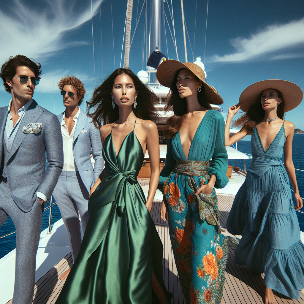A sunny day on a luxury yacht in the Mediterranean sea. A diverse group of people reflects their individual style with their elegant cruise outfits: a Middle-Eastern woman wearing a floor-length emerald green silk gown; a Caucasian man in a casual but classy light blue linen suit; and a Hispanic woman flaunting a stylish wide-brimmed hat with her vibrant, floral maxi dress. Behind them, the crystal blue water complements the image.