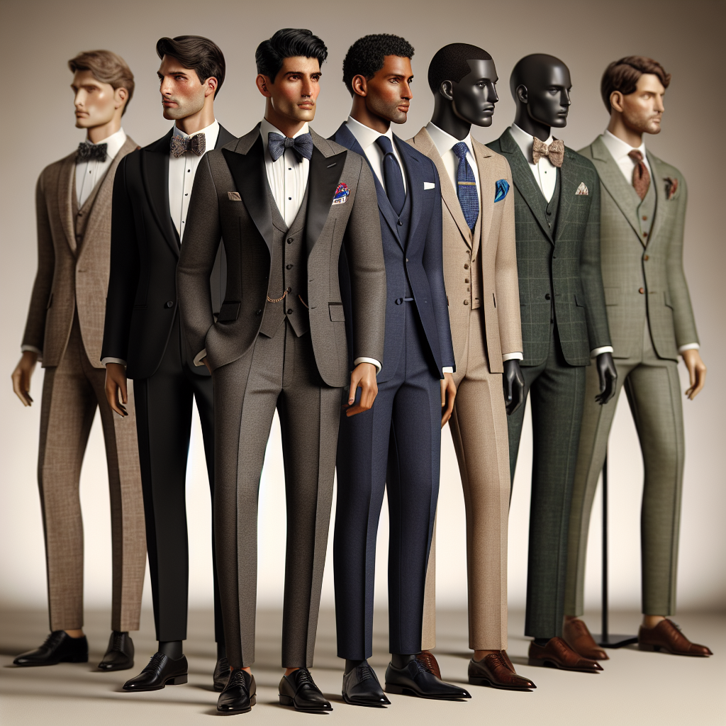 An assortment of men's wedding attire expressing different styles. A tall Middle-Eastern man in a traditional black tuxedo complemented by a bow tie. A Hispanic man donning an elegant navy blue suit with a matching tie. A South Asian man in a stylish three-piece gray suit with a vibrant colored tie. A black man wearing a beige linen suit perfect for beach weddings. Lastly, a Caucasian man in a green tweed suit giving a vintage vibe. These representations of wedding attire are poised in a line on a mannequin against a neutral background.