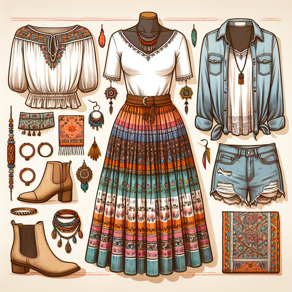 A fashion advice concept depicting a style guide for Boho skirts. On one side, there's a mannequin donned in a flowy, colorful Boho skirt with intricate designs. To match with this, showcase a variety of recommended clothing items carefully placed next to it. These items include, but are not limited to, a plain white fitted t-shirt, ethnic print blouses, and denim jackets, each bringing out a unique look when paired with the Boho skirt. Additionally, include a pair of tan ankle boots and some vibrant, chunky accessories like necklaces and headbands, tying the whole Bohemian theme together.