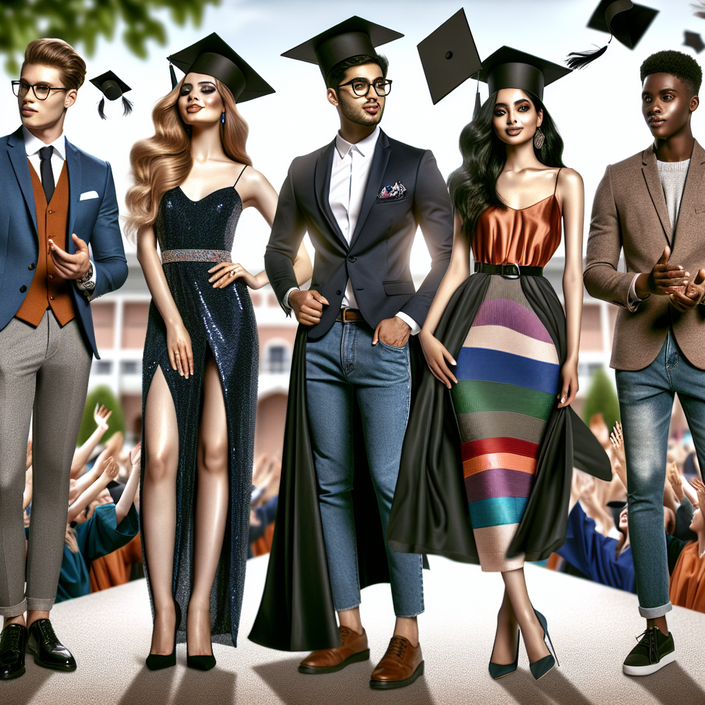 Create an image of diverse college graduation guests wearing stunning outfits. Show a South Asian man in a fashionable three-piece suit, a Middle-Eastern woman in a stylish cocktail dress, a Black woman in a bold jumpsuit, a Hispanic man dressed in a modern, tailored blazer, and a White woman in a chic, casual attire. Enhance the image with touches showing the excitement of the graduation event - vibrant colors, cheerful applause, and mortarboards flying in the air.