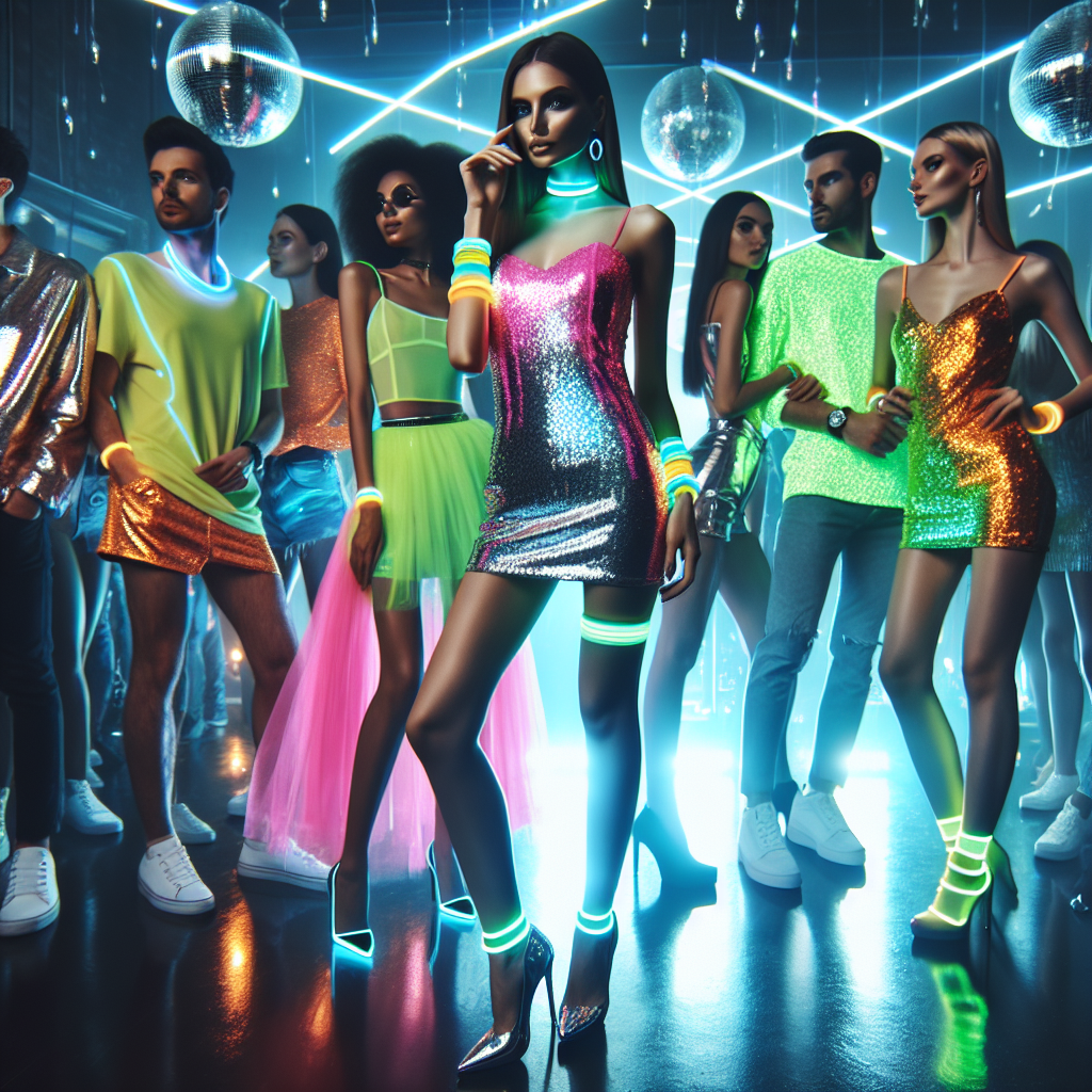 Picture an energetic neon-themed party. The room is packed with people, each following their distinctive fashion sense. Imagine a Caucasian female in a sparkly neon pink dress paired with reflective high heels. A Black male stands nearby, donning neon green skinny jeans and a glow-in-the-dark T-shirt. A South Asian woman is seen flaunting a flashy neon yellow skirt matched with glimmering silver top. A Middle-Eastern man is wearing a neon orange suit, grabbing attention. Reflections of disco balls scatter lights across the room creating a lively atmosphere. Remember, all of them are wearing glow bracelets and necklaces.