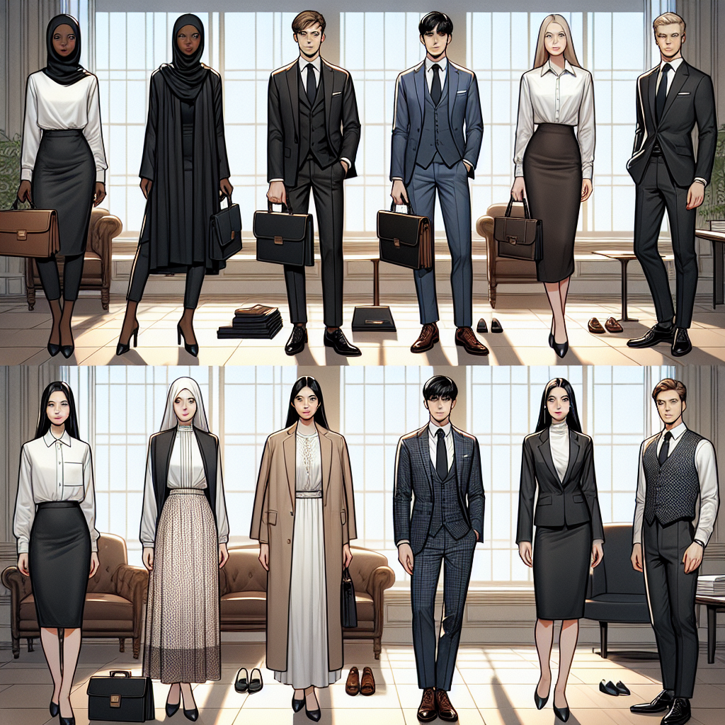 Showcase an assortment of professional and modest outfits suitable for a courtroom appearance. The scene should feature four models, each of a different descent: Caucasian, Black, Hispanic, and Middle-Eastern. Two models should be male and two should be female. Outfits should range from formal wear such as tailored suits, polished shoes, conservative dresses, to more casual professional attire like smart blouses, trousers, and neat loafers. The background should ideally be a tastefully decorated room suggestive of a legal firm's waiting room, with a hint of diffused sunlight filtering in through large windows.