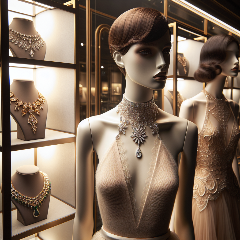 Imagine a detailed image that portrays the elegance of must-have necklaces for halter dresses. Start with a mannequin dressed in a sophisticated halter dress, highlighting its unique neckline. The mannequin, neutral and of non-specified descent, should be situated in a luxe boutique setting. Display a variety of intricately designed necklaces showcased on glass shelving behind the mannequin. Focus on the distinguishing features of each necklace, maybe one has a gleaming diamond pendant, another with a florid pattern of gold and emeralds, and yet another with a string of pearls, truly reflecting the variety and elegance. The lighting in the scene should be soft yet radiant, spotlighting the glistening details of the necklaces.