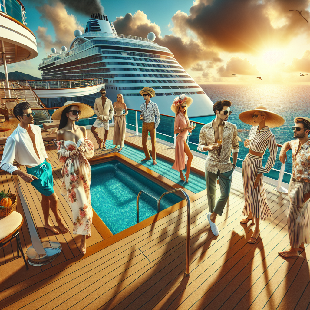 Visualize an exotic, tropical scene for a Caribbean Cruise Adventure. The scene unfolds on a luxurious cruise ship multi-level deck with a clear, turquoise sea in the background under a warm, golden sunset sky. A few elegantly dressed passengers of diverse descents, such as Caucasian, Middle-Eastern and Asian descent, both males and females, are socializing and enjoying their time. These well-dressed individuals are flaunting summer styles fitting for the Caribbean, including floral-printed dresses, linen shirts, wide-brimmed hats, sunglasses, and colourful swim shorts.