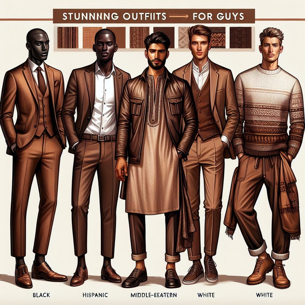 Visualize a fashion scene with four men of different descents: one Black, one Hispanic, one Middle-Eastern, and one White. They are all dressed in cutting-edge fashion with different variations of brown outfits. To start with, the Black man is wearing a sharp brown suit with a matching tie and polished shoes. The Hispanic man is donned in a casual chic brown leather jacket with a classy white shirt and jeans. The Middle-Eastern gentleman is draped in a sophisticated brown kurta suit, portraying cultural elegance. Lastly, the white man is clothed in a cozy, earthy toned sweater paired with chinos. Behind them is a banner with the text 'Stunning Outfits for Guys: Match Any Brown Dress Effortlessly.' Showcase the diversity and versatility of brown as a clothing color.