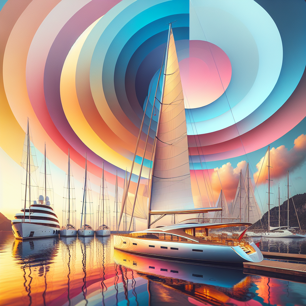 A visually enchanting image featuring multiple sailboat styles docked at a serene harbor. In the foreground, there's a vibrant white sailboat adorned with sleek lines, signifying the vision of effortless elegance. The backdrop displays a kaleidoscope of breathtaking pastel skies during sunset. The water reflects the warm hues of the sky, and the distant mountains provide for an idyllic scenery. The image should convey tranquillity and the inherent elegance of sailboat designs.