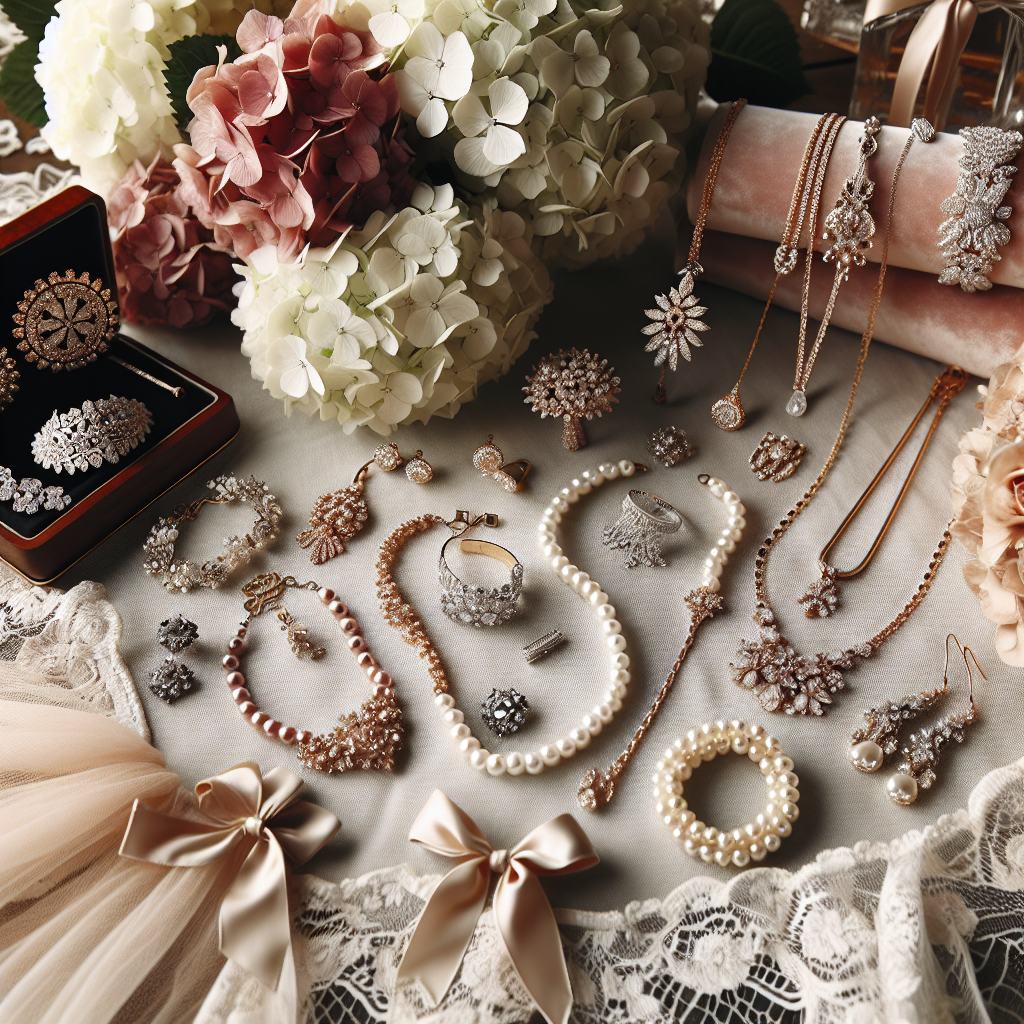 Create a detailed and luxurious scene presenting an extraordinary selection of must-have jewelry for bridesmaids. It should include a diverse range of female individuals of various descents such as Black, Asian, Middle-Eastern, and Caucasian. The set should contain charming pearl necklaces, brilliant diamond bracelets, and delicate gold earrings. Everything should be laid out on a lace-covered table beside a bouquet of hydrangeas. The style should reflect elegance, finesse, and celebration to complement the theme of a wedding.