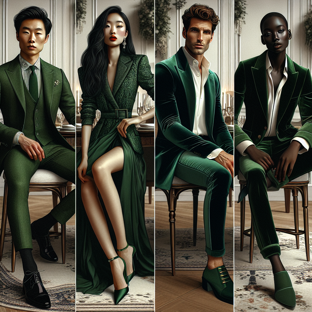 A fashion forward scenario showcasing four individuals in a finely decorated dining setting. Heat up the scene with an Asian man in a tailored green blazer paired with classy trousers and a smart tie. Adjacent, a Middle Eastern woman rocking an elegant emerald green blazer dress with high heeled shoes. At the head of the table sits a Caucasian male in a bold green velvet blazer over a crisp shirt and dark denim. Lastly, a Black woman adds a unique twist by pairing her green blazer with a stylish jumpsuit. Each look exuding sophistication and chic, demonstrating the versatility of the green blazer.