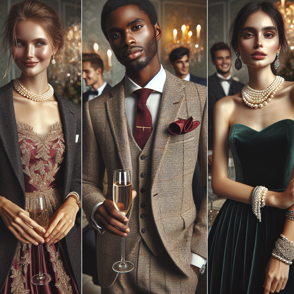 Imagine you're at a sophisticated country club during an elegant evening event. Detail the must-have outfits visible around the room. A Caucasian woman in a silk cream-colored tailor-fit dress, holding a champagne flute. A Black man in a tweed three-piece evening suit complete with a silk scarlet pocket square. A South Asian woman in a burgundy gown with intricate lacework and sequins, her arms adorned with sterling silver bracelets. A Middle-Eastern man in a charcoal grey tuxedo, beaming with confidence. Finally, a Hispanic woman, draped in a green velvet cocktail dress paired with pearl accessories.