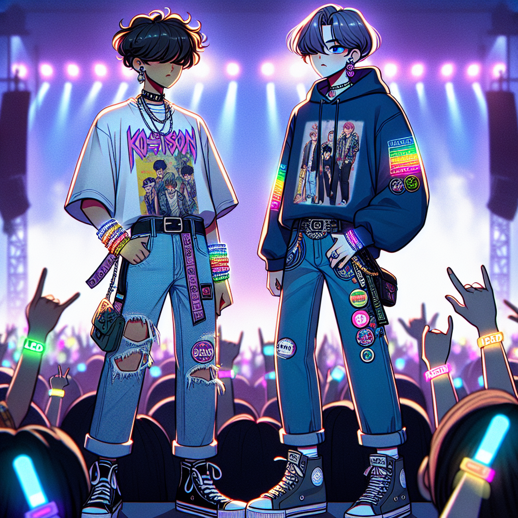 Depict a scene at a Korean pop concert focusing on the attendee's fashion. Include two fashion-forward young adults, one of Middle Eastern descent with a trendy haircut, sporting oversized graphic tees, distressed jeans, LED bracelets, and funky sneakers. The other South Asian descent individual in an oversized band hoodie, mom jeans, and high-top sneakers, adorned with multiple badges of different K-Pop bands. Illustrate energetic vibe with colorful stage lighting seen in the background, and wristbands illuminating the crowd with a myriad of vibrant hues.