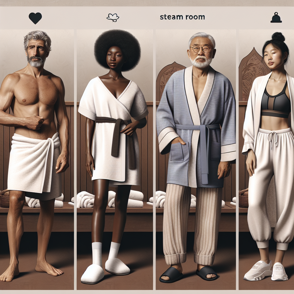Create an image that depicts a selection of essential outfits suitable for a steam room visit. Show four different individuals each donning a different style: a middle-aged Caucasian man wearing a towel wrap around his waist, a young Black woman in a cotton spa robe, a South Asian senior male in loose, breathable linen pants, and a young Hispanic female in a moisture-wicking athletic suit. Also, include a background with a hint of luxurious spa ambiance to heighten the relaxation mood.
