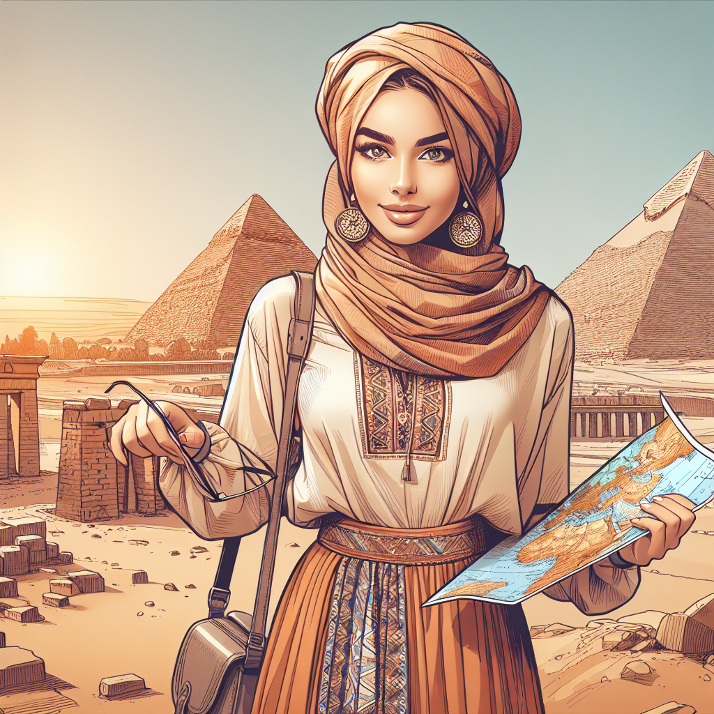 Picture in vivid detail a Middle-Eastern woman, dressed in an example of appropriate attire for a female tourist in Egypt. This should include a loose, lightweight long-sleeved shirt and long skirt or trousers in earthy colours, suitable for both the warm climate and cultural norms. She is wearing comfortable sandals and her hair is covered with a stylish scarf. In the backdrop, the vast expanse of the Giza Pyramids can be seen, truly embodying the Egyptian atmosphere. The woman is holding a map, indicating the exploratory nature of tourism.