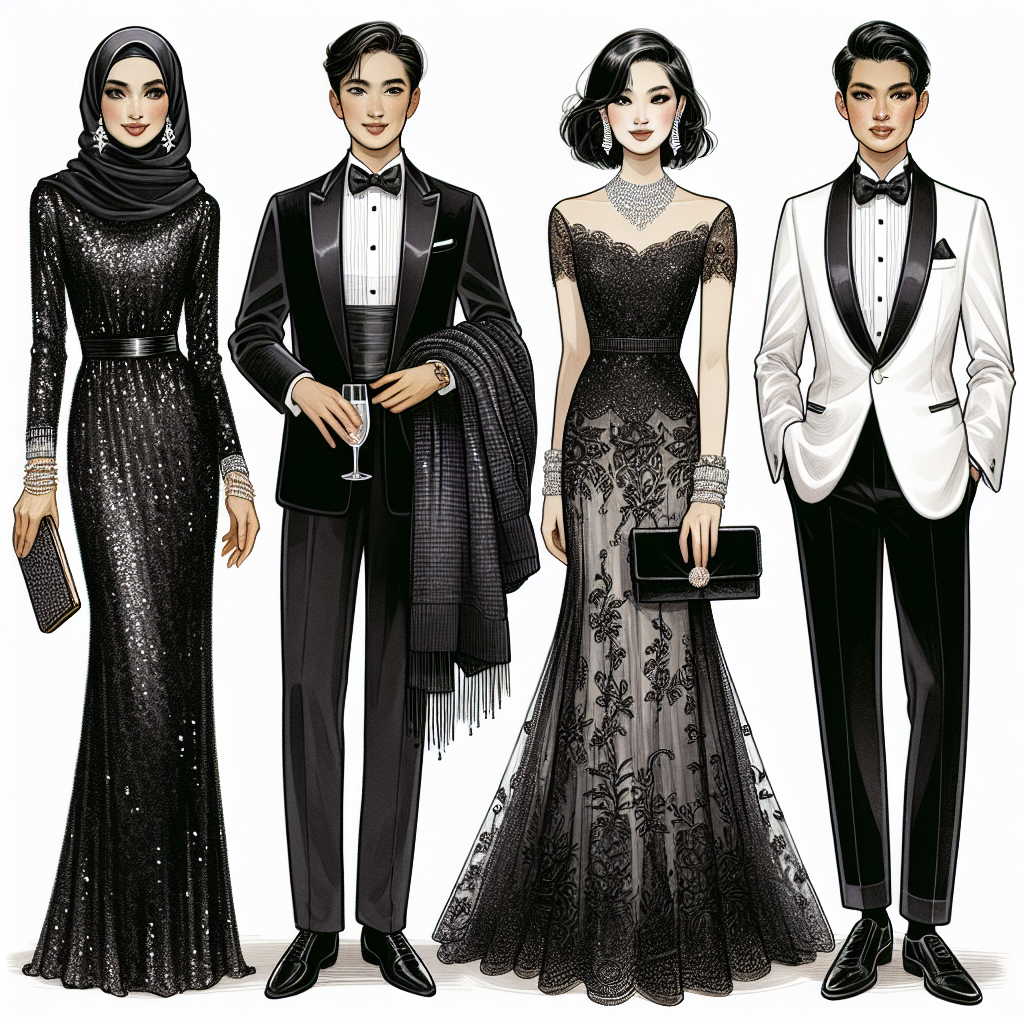 A detailed fashion illustration displays various ideas for black-tie attire. The image presents four characters embodying elegance. A Middle-Eastern woman is shown wearing a sophisticated black sequin evening gown, holding a plush velvet clutch. Next to her, an Asian man is dressed in a classic black tuxedo, paired with a white pressed shirt and a black bow tie. Nearby, a Caucasian woman displays a black lace floor-length dress complemented by intricate diamond jewelry. Lastly, a South Asian man is donned in a contrasting white dinner jacket, black trousers, and an official black bow tie. All four characters embody timeless elegance.